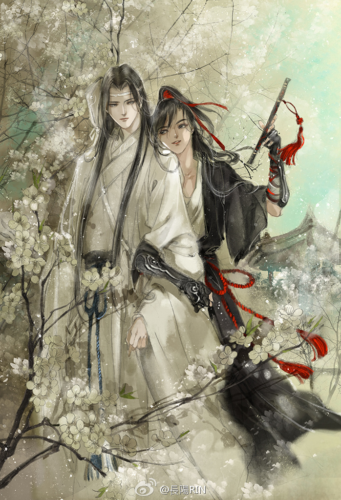 2boys arm_hug black_eyes black_hair black_hanfu bracer branch chinese_clothes closed_mouth couple dizi faux_traditional_media flower flute flute_tassel grey_eyes guqin hair_ribbon hanfu headband height_difference high_ponytail holding holding_flute holding_instrument ink_wash_painting instrument instrument_case kcllzas163 lan_wangji light_particles locked_arms long_hair long_sleeves looking_at_another male_focus modao_zushi multiple_boys outdoors parted_lips ponytail red_ribbon ribbon robe shoulder_belt sky smile standing tassel third-party_source transverse_flute tree watermark wei_wuxian weibo_watermark white_flower white_hanfu white_headband wide_sleeves yaoi