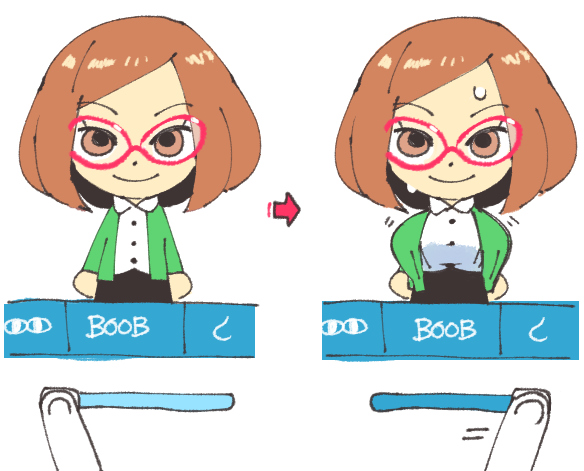 1girl alternate_breast_size arrow_(symbol) attribute_slider black_skirt bob_cut breast_expansion breast_slider breasts brown_eyes brown_hair cardigan chibi chibi_only collared_shirt dot_nose gameplay_mechanics green_cardigan inkerton-kun large_breasts looking_at_viewer mii_(nintendo) multiple_views nikki_(swapnote) nintendo parted_bangs pov pov_hands red-framed_eyewear shirt short_hair skirt smile sweat white_shirt