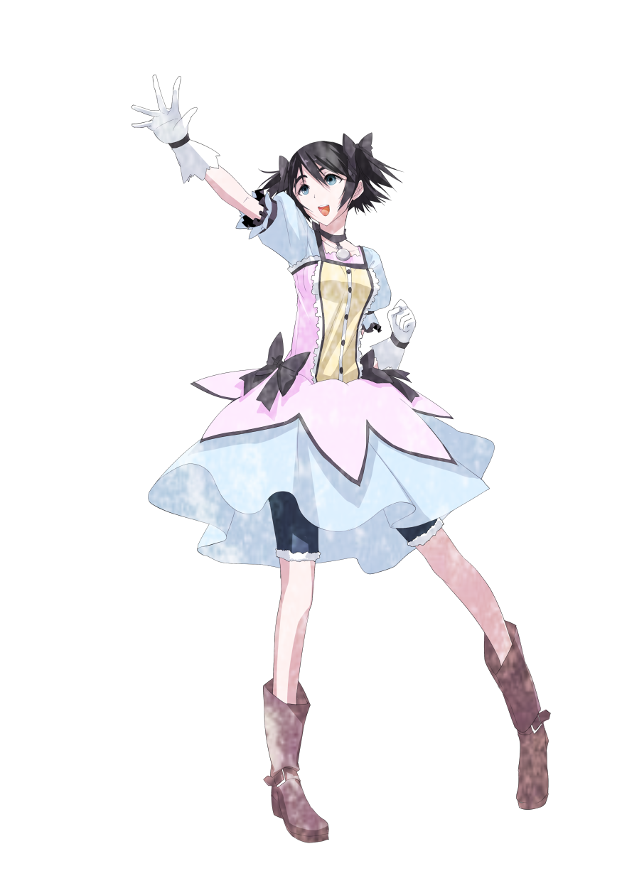 1girl alternate_hairstyle black_hair blue_eyes boots bow cosplay dress female_focus full_body gloves hair_bow hazuki_touya highres kaname_madoka kaname_madoka_(cosplay) kaname_madoka_(magical_girl) kyougoku_touya magical_girl mahou_shoujo_madoka_magica mahou_shoujo_madoka_magica_(anime) open_mouth pocket_watch shiina_mayuri short_twintails shorts solo steins;gate transparent_background twintails watch