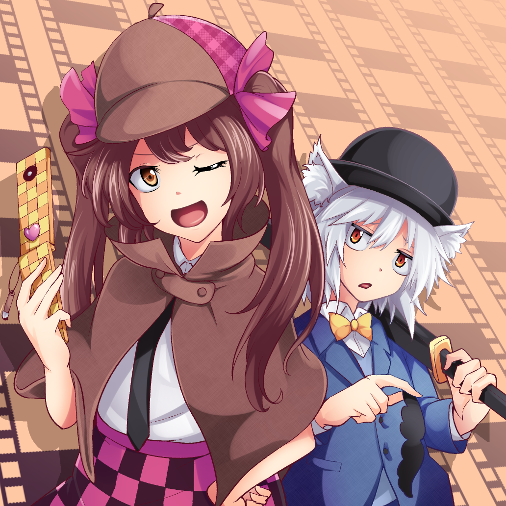 2girls alternate_costume animal_ears ashiroku_(miracle_hinacle) black_bow black_bowtie black_skirt blue_jacket blue_pants bow bowtie brown_capelet brown_hair brown_headwear capelet checkered_clothes checkered_skirt commentary_request cosplay deerstalker detective fake_facial_hair fake_mustache hair_ribbon hat himekaidou_hatate holding holding_phone holding_sword holding_weapon inubashiri_momiji jacket john_hamish_watson john_hamish_watson_(cosplay) long_hair long_sleeves looking_at_viewer multiple_girls one_eye_closed open_mouth pants phone purple_eyes purple_ribbon purple_skirt red_eyes ribbon shameimaru_aya sheath sherlock_holmes sherlock_holmes_(cosplay) shirt short_hair short_sleeves skirt suit_jacket sword tengu touhou twintails weapon white_hair white_shirt wolf_ears wolf_girl yellow_bow yellow_bowtie