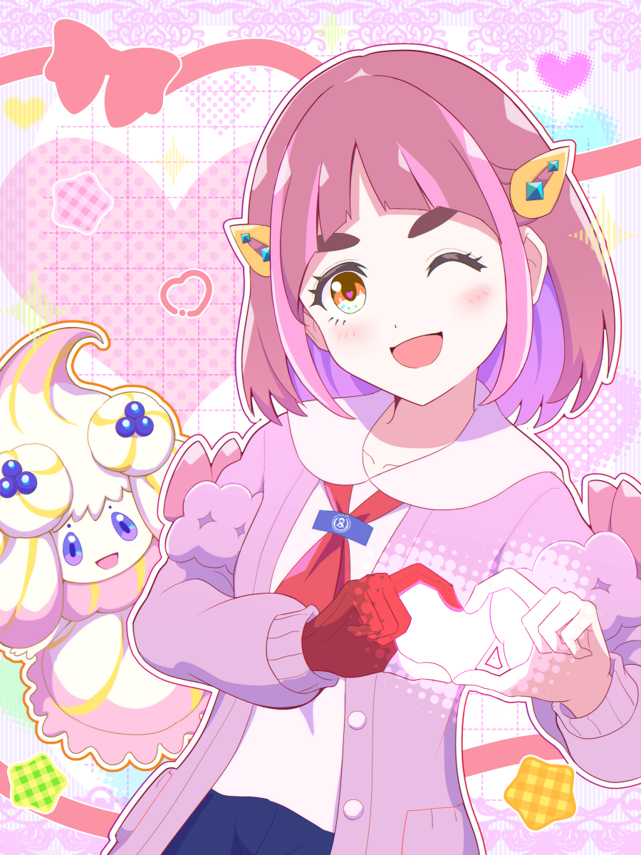 1girl ;d alcremie alcremie_(berry_sweet) arched_bangs blush brown_eyes cardigan gen_8_pokemon gloves hair_ornament hairclip heart heart_hands highres lacey_(pokemon) long_sleeves mamiya_myanmar nintendo one_eye_closed open_cardigan open_clothes open_mouth partially_fingerless_gloves pink_cardigan pink_hair pokemon pokemon_(creature) pokemon_sv red_gloves single_glove smile upper_body