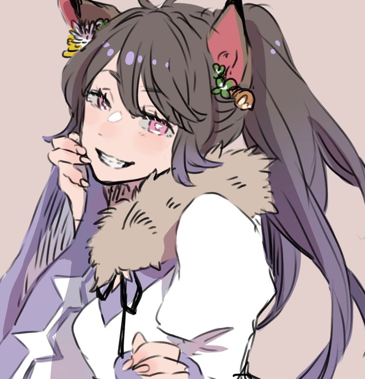 1girl animal_ears black_hair blush breasts cat_ears cat_girl commentary_request dress fingernails fur_collar gradient_hair grin juliet_sleeves long_sleeves looking_at_viewer medium_breasts multicolored_hair official_alternate_costume pink_eyes puffy_sleeves purple_hair ragnarok_online simple_background smile solo sorcerer_(ragnarok_online) upper_body white_dress yutsuki