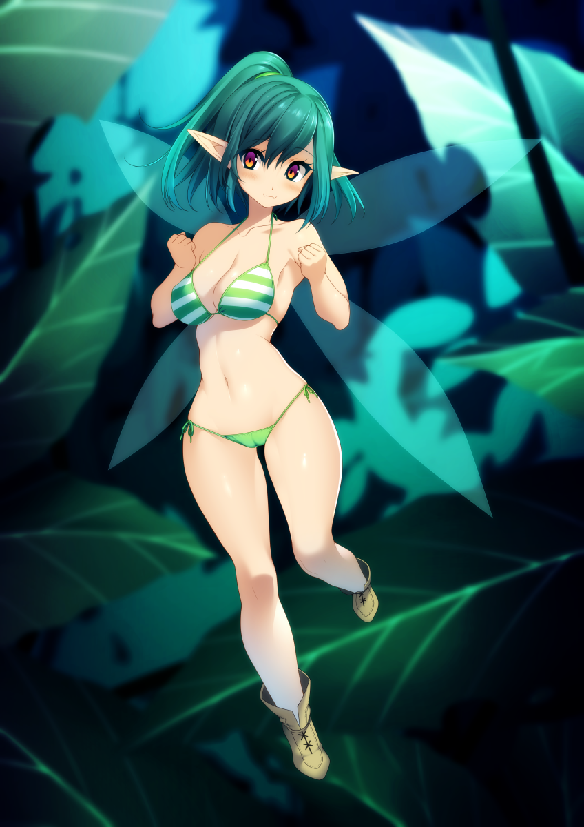 1girl bikini boots breasts fairy fairy_wings green_bikini green_hair highres kinoshita_ichi leaf looking_at_viewer medium_breasts medium_hair mismatched_bikini multicolored_eyes nature navel orange_eyes original pointy_ears ponytail purple_eyes smile solo striped_bikini_top swimsuit wings
