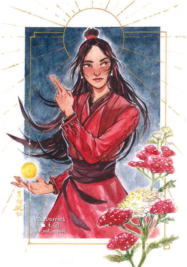 1girl alt_text belt black_hair blue_background border brown_eyes brown_hair chinese_clothes closed_mouth commentary commission cropped_torso earrings english_commentary flame_print flower gold golden_core hanfu hawberries holding holding_needle jewelry long_hair long_sleeves modao_zushi needle original painting_(medium) print_robe red_belt red_flower red_hanfu red_robe red_tunic robe sash signature solo standing sun sun_halo topknot traditional_media tunic upper_body watercolor_(medium) wen_qing white_border white_flower
