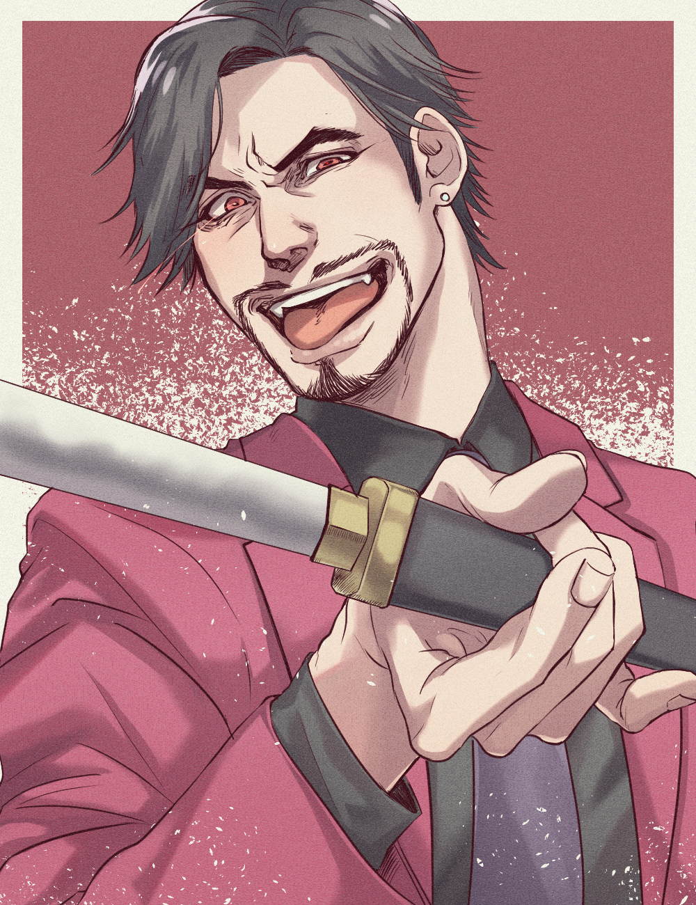 1boy black_hair coco_(h221414) dagger ear_piercing facial_hair fangs formal_clothes goatee highres holding holding_weapon jacket knife lips male_focus manly mature_male necktie nishitani_homare piercing purple_neckwear red_eyes red_jacket ryuu_ga_gotoku_(series) ryuu_ga_gotoku_0 short_hair tongue tongue_out upper_body weapon yakuza