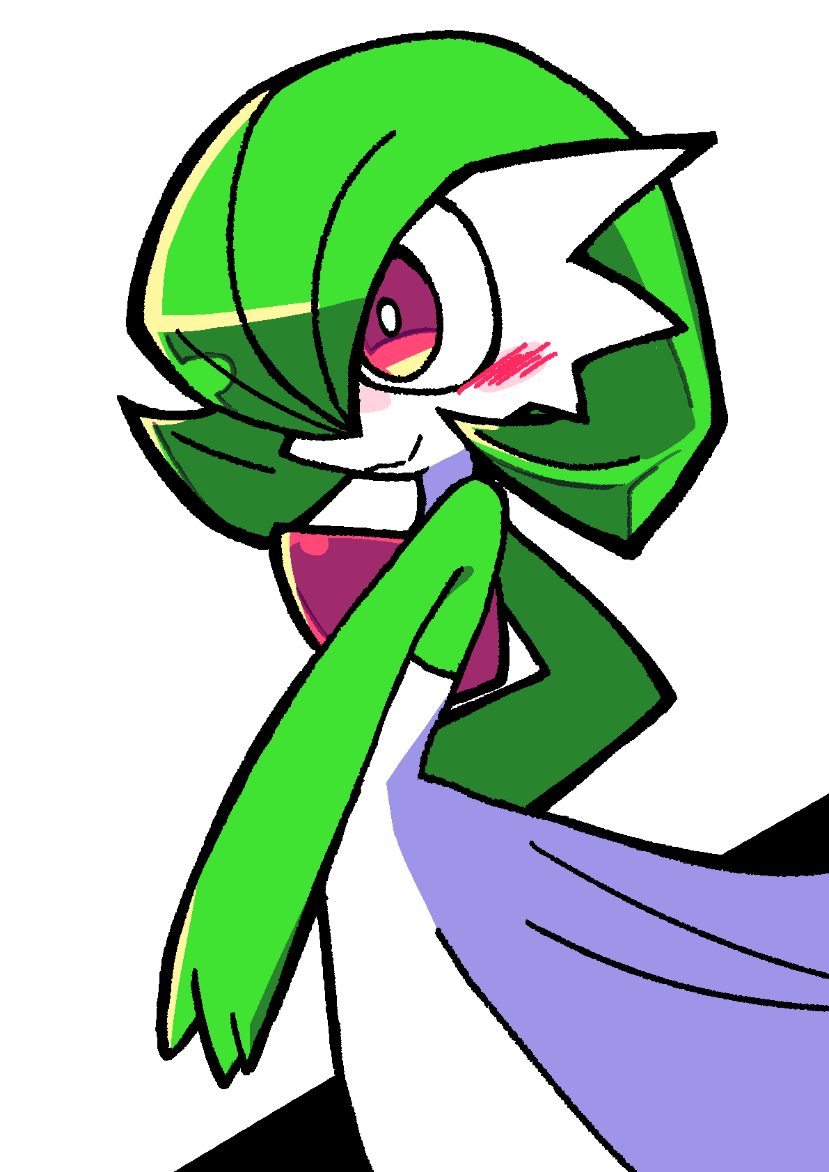 1girl :3 arched_back blush blush_stickers bob_cut bright_pupils closed_mouth colored_skin female_focus from_side gardevoir gen_3_pokemon green_hair green_skin hair_over_one_eye hand_on_own_hip happy highres kan_(kam48360493) multicolored_skin nintendo one_eye_covered pokemon pokemon_(creature) red_eyes short_hair simple_background smile solo standing two-tone_skin white_background white_pupils white_skin