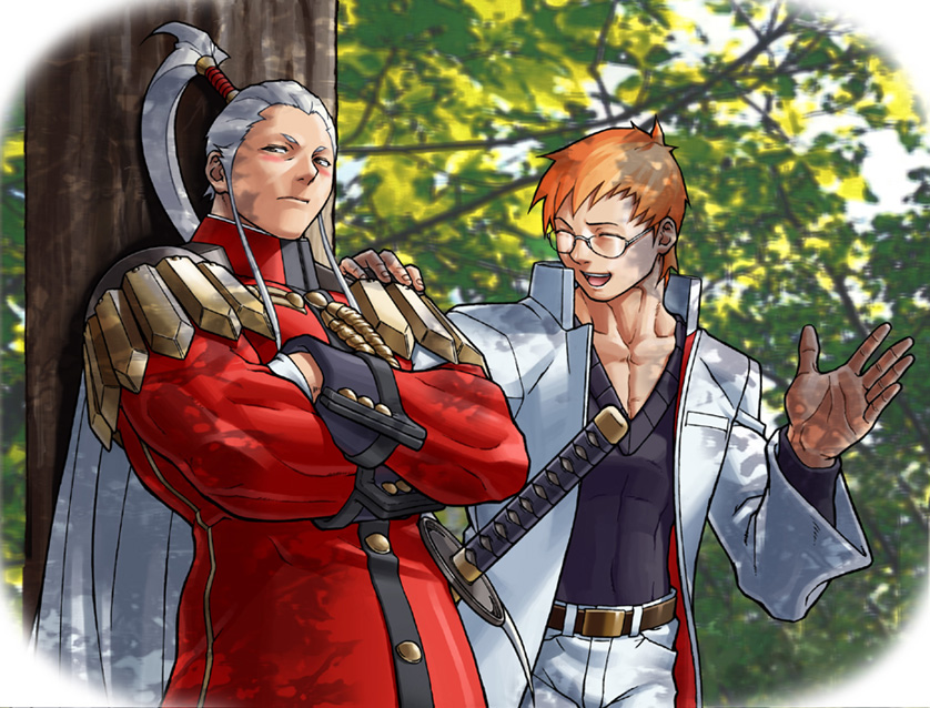 2boys blush brothers edaki_shin&#039;ya glasses imawano_hyou justice_gakuen kagami_kyousuke male_focus multiple_boys official_art red_hair siblings sword tree twins weapon white_hair