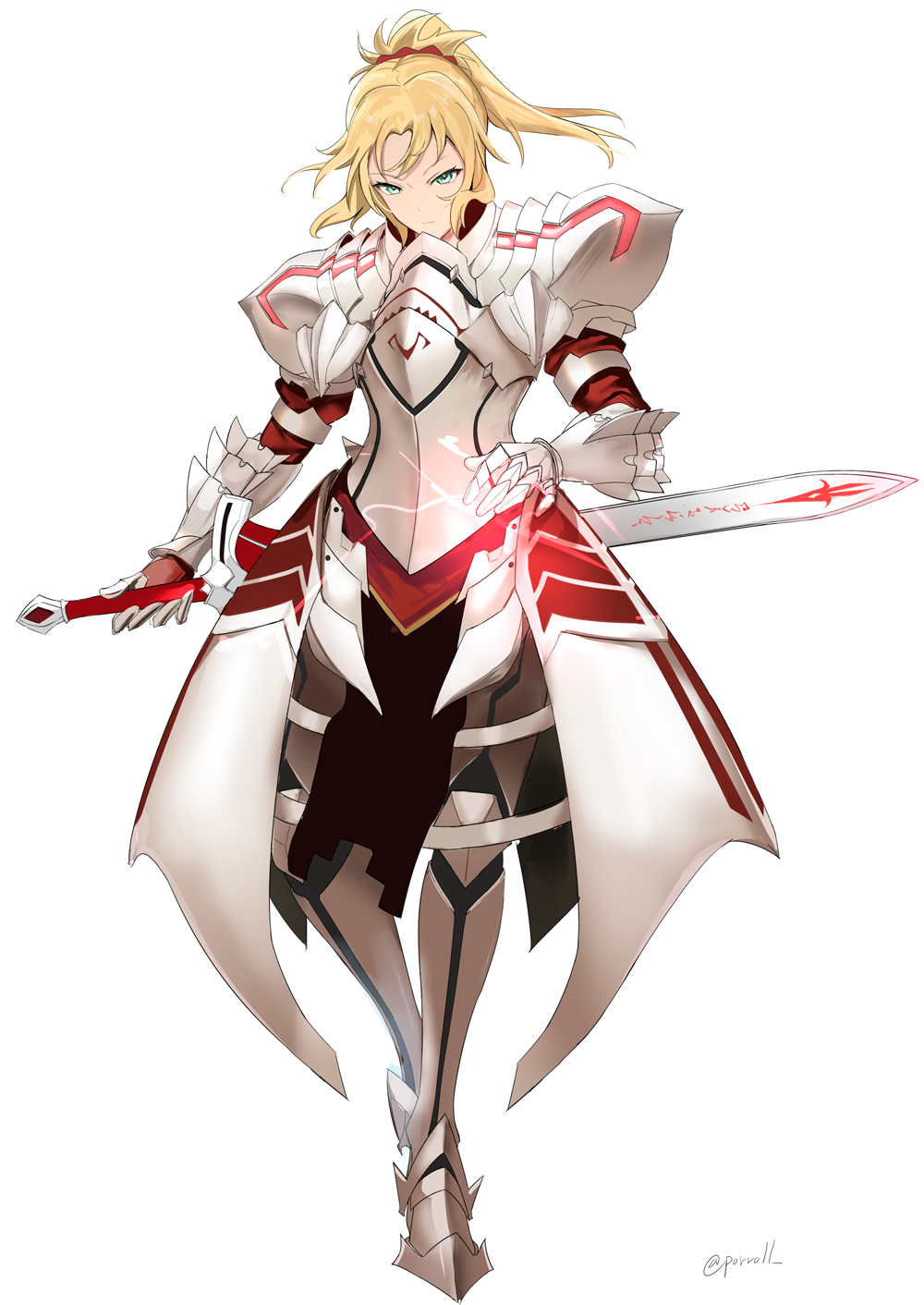 1girl armor artist_name blonde_hair clarent_(fate) closed_mouth fate/apocrypha fate/grand_order fate_(series) full_body gauntlets green_eyes hair_ornament hair_scrunchie highres holding holding_sword holding_weapon long_hair looking_at_viewer mordred_(fate) mordred_(fate/apocrypha) ponytail porroll red_scrunchie scrunchie serious solo sword weapon white_background