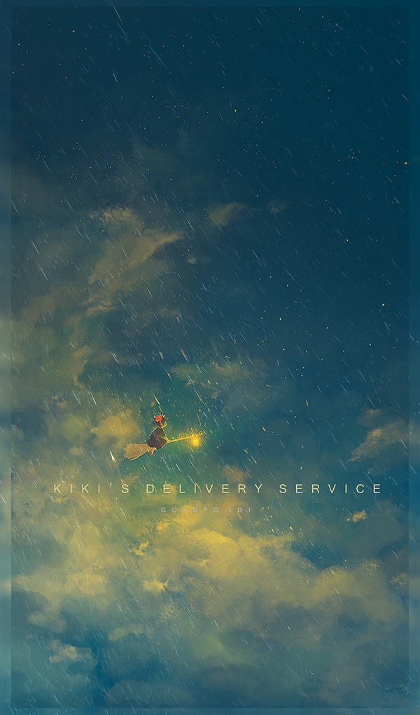 1girl blue_dress broom broom_riding child cloud cloudy_sky copyright_name dress gokupo101 hair_ribbon kiki_(majo_no_takkyuubin) light majo_no_takkyuubin rain red_footwear red_ribbon ribbon scenery sky solo studio_ghibli