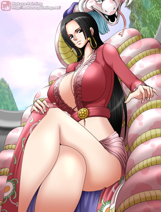 1girl amazon_lily amazon_warrior black_eyes black_hair boa_hancock breasts cleavage crossed_legs earrings female_focus huge_breasts jewelry midriff mokusa navel no_bra one_piece salome_(one_piece) sitting snake watermark web_address