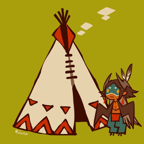 1boy animal_feet bird_legs bird_wings brown_hair brown_wings chibi commentary dated_commentary edarow facepaint feather_hair feather_hair_ornament feathered_wings feathers full_body green_background hair_ornament harpy_boy head_wings long_hair lowres male_focus monster_boy native_american original pelvic_curtain solo symbol-only_commentary teepee winged_arms wings