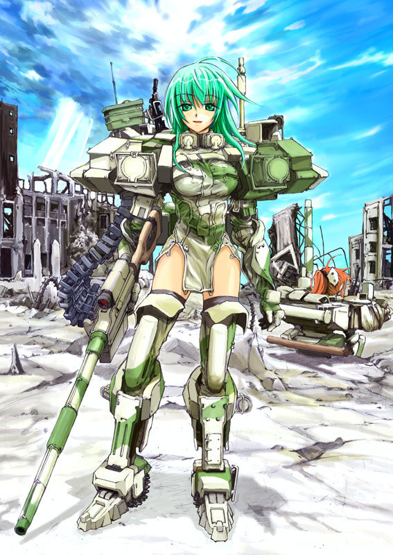 1girl ammunition_belt ammunition_chute bad_id bad_pixiv_id breasts camouflage female_focus funeral_(artist) green_eyes green_hair gun light_rays matching_hair/eyes mecha_musume medium_breasts military military_vehicle motor_vehicle original ruins solo sumisi sunbeam sunlight t-90 tank thighhighs vehicle weapon