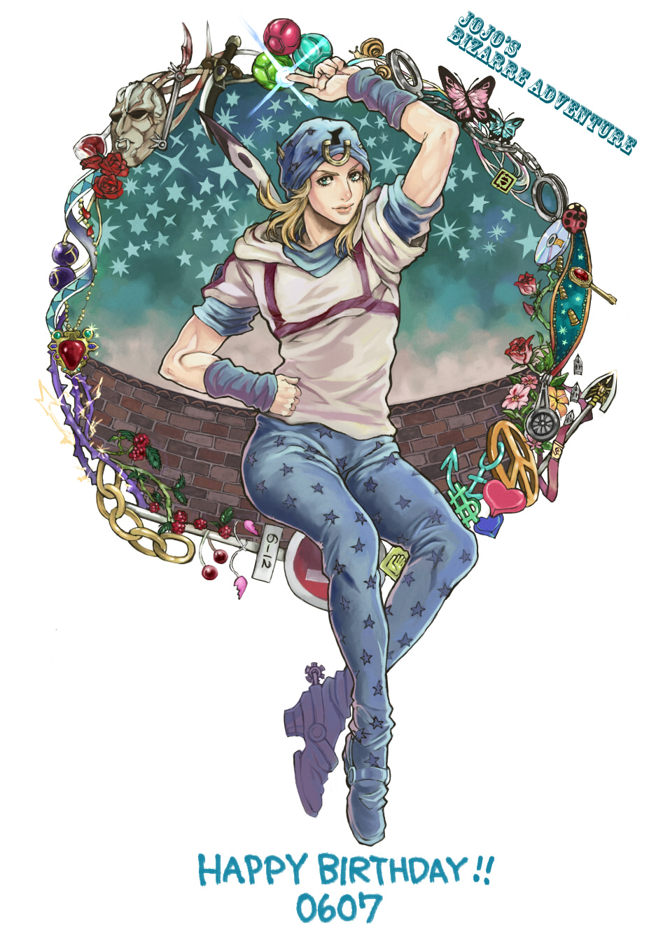 1boy alcohol anchor arrow_(jojo) arrow_(projectile) bad_id bad_pixiv_id battle_tendency berry berry-a blonde_hair bug butterfly chain cuffs cup diamond_wa_kudakenai drinking_glass flower green_eyes handcuffs hat heart hermit_purple highres insect johnny_joestar jojo_no_kimyou_na_bouken kiss_(stand) knife male_focus patterned_legwar peace_symbol phantom_blood red_stone_of_aja red_stone_of_asia road_sign rose scalpel sign snail solo spurs stand_(jojo) star_(symbol) star_print stardust_crusaders steel_ball_run sticky_fingers_(stand) stone_mask_(jojo) stone_ocean vento_aureo wine wine_glass wristband zipper