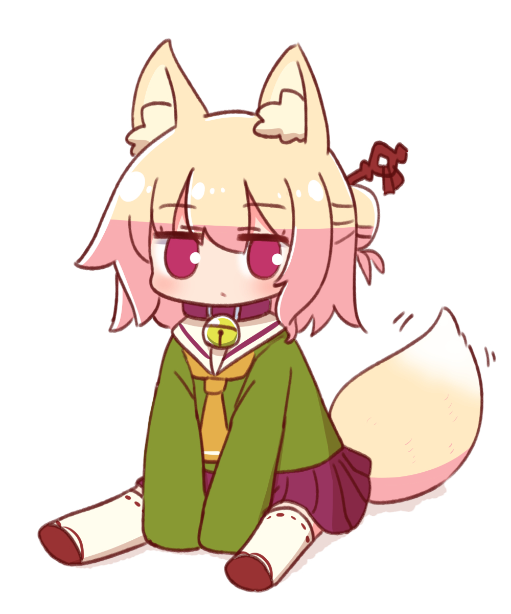 1girl animal_ear_fluff animal_ears bell between_legs blonde_hair brown_neckwear brown_sandals closed_mouth collar commentary_request fox_ears fox_girl fox_tail full_body green_shirt hair_between_eyes hair_bun hair_ornament hand_between_legs highres jingle_bell kemomimi-chan_(naga_u) long_sleeves looking_at_viewer motion_lines naga_u neck_bell original pleated_skirt purple_collar purple_eyes purple_skirt ribbon-trimmed_legwear ribbon_trim sailor_collar sandals shirt shoe_soles simple_background single_hair_bun sitting skirt sleeves_past_fingers sleeves_past_wrists solo tail thighhighs white_background white_sailor_collar white_thighhighs zouri