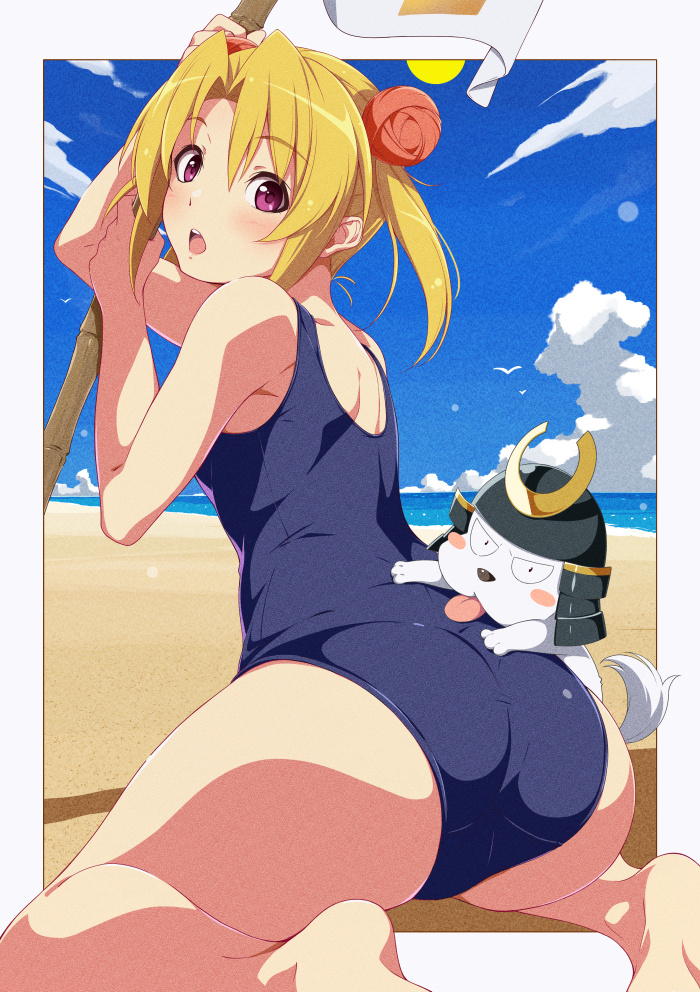 1girl ass barefoot beach blonde_hair blue_one-piece_swimsuit blue_sky border cloud cloudy_sky commentary crotch_seam day double_bun flower from_behind hair_bun hide_yoshino holding holding_flower horizon looking_at_viewer looking_back ocean one-piece_swimsuit open_mouth outdoors outside_border parted_bangs purple_eyes qwel_08 sengoku_otome shadow shiro_(sengoku_otome) short_hair sitting sky solo sun swimsuit twintails wariza white_border