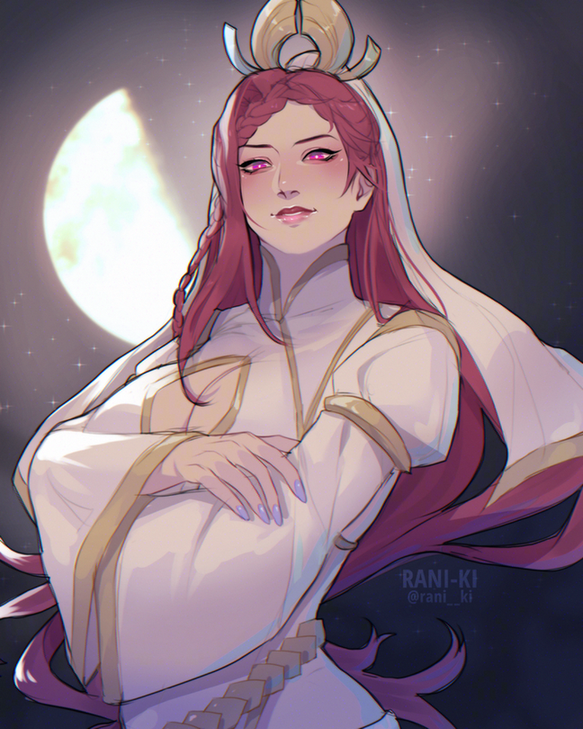 1girl artist_name breasts cleavage cleavage_cutout clothing_cutout crossed_arms dress fire_emblem fire_emblem_heroes grin half_moon large_breasts loki_(fire_emblem) loki_(trickster_god)_(fire_emblem) long_hair looking_at_viewer moon nintendo official_alternate_costume purple_eyes purple_hair rani_ki smile solo white_dress