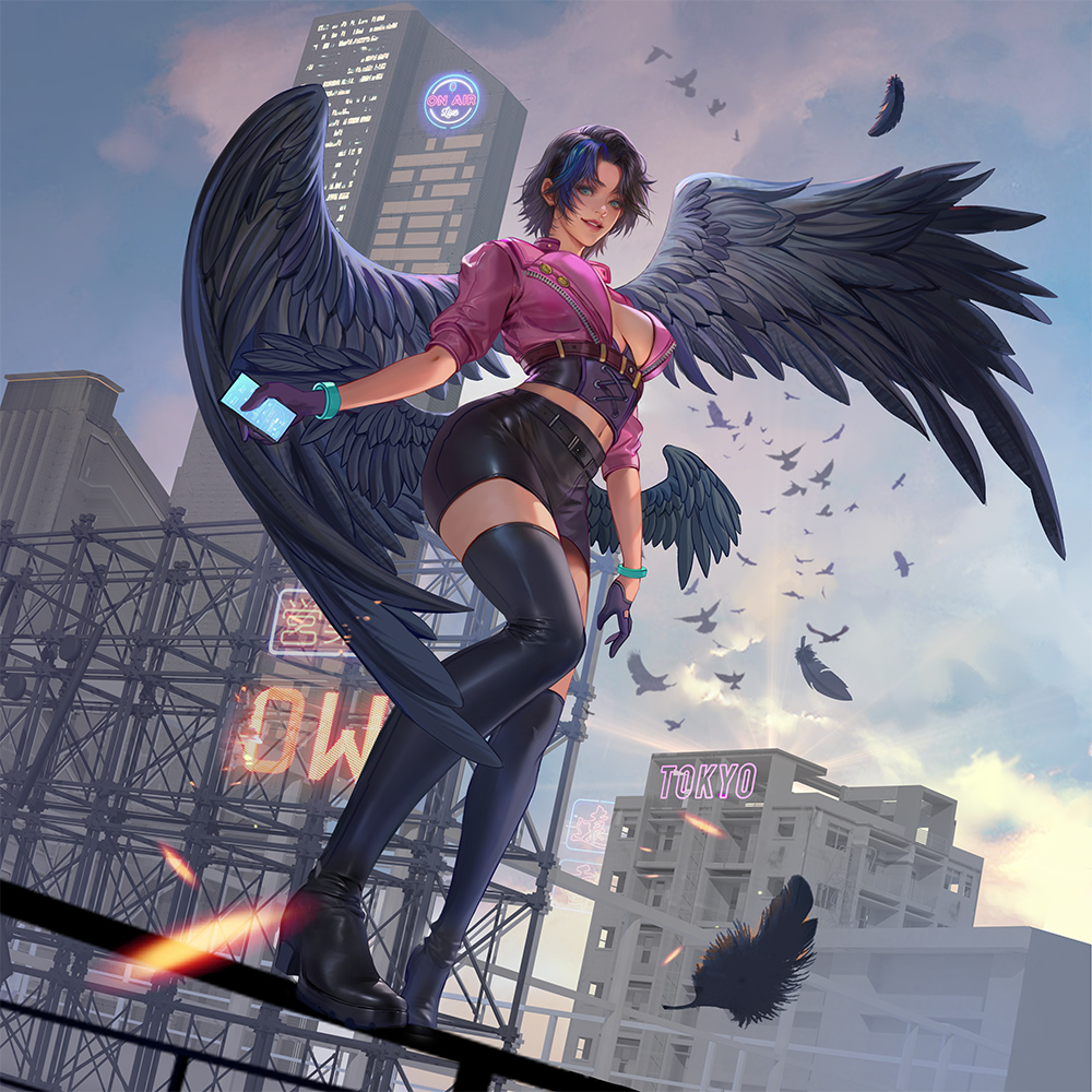 1girl asymmetrical_legwear belt bird black_boots black_hair black_skirt black_wings blue_sky boots bracelet breasts breasts_apart building cloud commentary contrapposto cross-laced_clothes crow curtained_hair english_commentary falling_feathers fan_yang_(jiuge) feathered_wings feathers forehead full_body gloves green_eyes grin half_gloves high-waist_skirt high_heel_boots high_heels holding holding_phone jewelry large_breasts oversized_wings looking_at_viewer low_wings multiple_wings original outdoors outstretched_arm parted_bangs parted_lips phone pink_shirt pink_sleeves purple_gloves railing red_lips shirt short_hair short_sleeves skirt sky smile solo sparks teeth tokyo_(city) wings