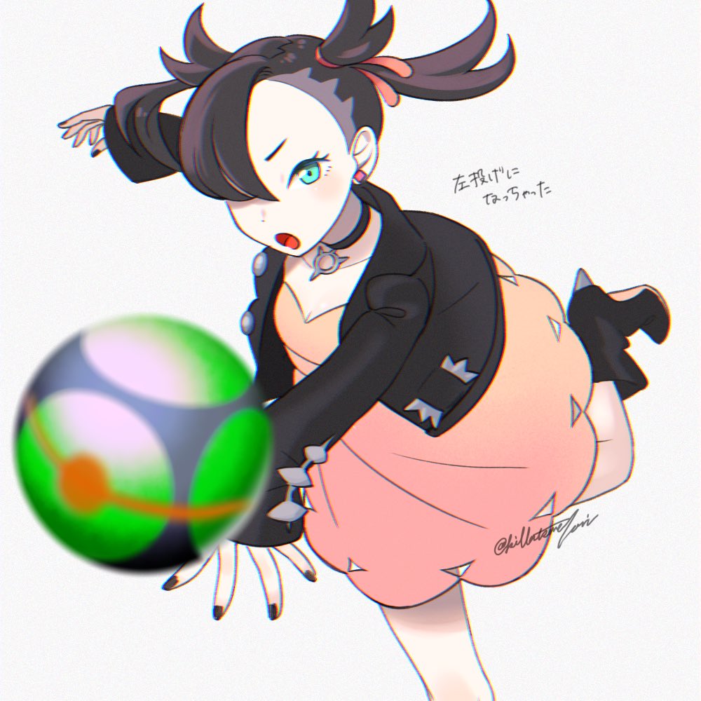 1girl ankle_boots asymmetrical_bangs black_boots black_choker black_hair black_jacket black_nails boots choker dress dusk_ball earrings green_eyes hair_over_one_eye hair_ribbon jacket jewelry killatsune long_sleeves marnie_(pokemon) medium_hair nail_polish nintendo open_clothes open_jacket open_mouth pink_dress poke_ball pokemon pokemon_swsh red_ribbon ribbon solo standing standing_on_one_leg throwing throwing_poke_ball twintails