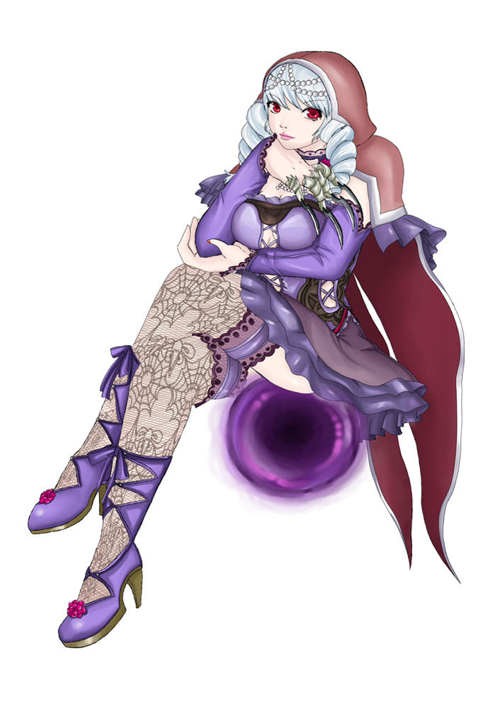 1girl bandai_namco breasts choker commentary crossed_legs english_commentary floating floating_object hand_on_own_chin high_heels hood looking_at_viewer magic nail_polish orb red_eyes red_nails sitting solo soul_calibur soulcalibur soulcalibur_v syahilla thighhighs thighs viola_(soulcalibur) white_hair