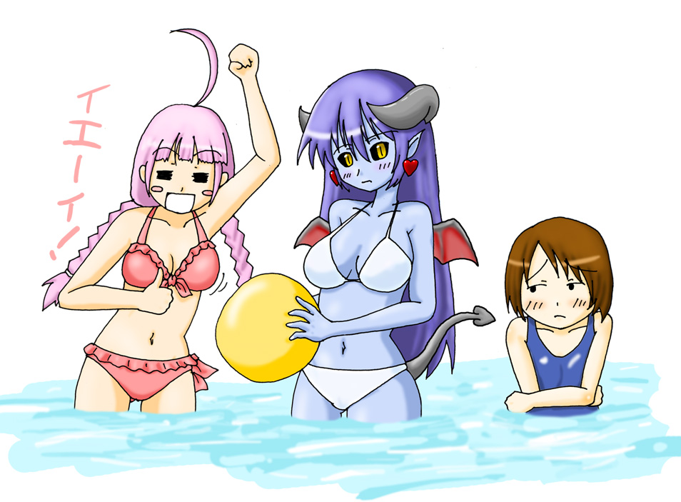 3girls astaroth_(shinrabanshou) multiple_girls os-tan shinrabanshou swimsuit tagme water we-tan yamada-san