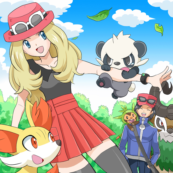 1boy 1girl blonde_hair blue_eyes calem_(pokemon) chespin closed_mouth fennekin gen_6_pokemon gogoat hat leaf nintendo orange_eyes pancham pokemon pokemon_(creature) pokemon_xy red_eyes serena_(pokemon) sisibou skirt smile sunglasses tears