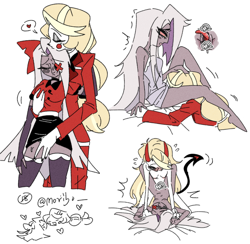 2girls blonde_hair charlie_morningstar colored_sclera colored_skin cunnilingus demon_girl demon_horns fingering formal_clothes grey_skin hazbin_hotel horns long_hair moribo multiple_girls oral red_sclera skirt suit tribadism vaggie very_long_hair white_hair yuri