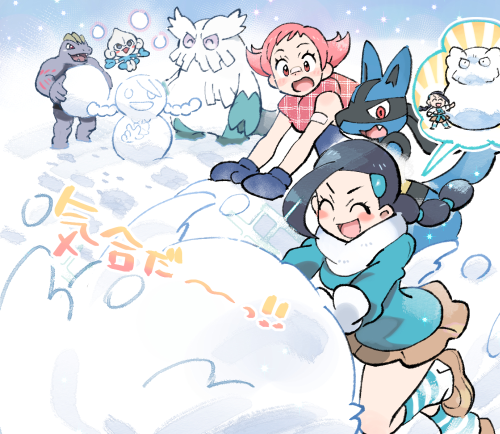 abomasnow bandaid bandaid_on_arm bandaid_on_face bandaid_on_nose black_hair blush bodysuit brown_eyes brown_skirt candice_(pokemon) closed_eyes commentary_request eyelashes gen_1_pokemon gen_3_pokemon gen_4_pokemon long_sleeves lucario machoke maylene_(pokemon) meditite mittens multi-tied_hair nibo_(att_130) nintendo open_mouth pink_hair pokemon pokemon_(creature) pokemon_dppt rolling scarf shoes short_hair skirt smile snow snowman socks striped_clothes striped_legwear striped_socks tongue white_scarf