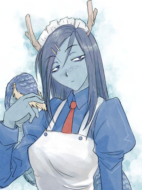 1girl apron bags_under_eyes blue_hair blue_skin blue_theme colored_skin dragon_girl dragon_horns dragon_tail freckles futaba_channel hair_ornament hairclip head_tilt horns juliet_sleeves long_hair long_sleeves maid maid_apron maid_headdress michael_f91 monster_girl necktie nijiura_maids puffy_sleeves seiryuu_(nijiura_maids) tail upper_body