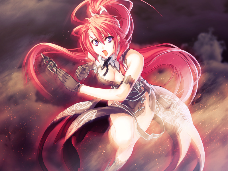 1girl asymmetrical_gloves black_dress black_gloves black_ribbon breasts cleavage detached_collar dress floating_hair game_cg gloves hair_between_eyes hair_ornament high_ponytail holding ignis_(jingai_makyou) jingai_makyou long_hair looking_at_viewer medium_breasts neck_ribbon nishii_(damnedrive) official_art open_mouth ponytail purple_eyes red_hair ribbon running side_slit sleeveless sleeveless_dress solo very_long_hair