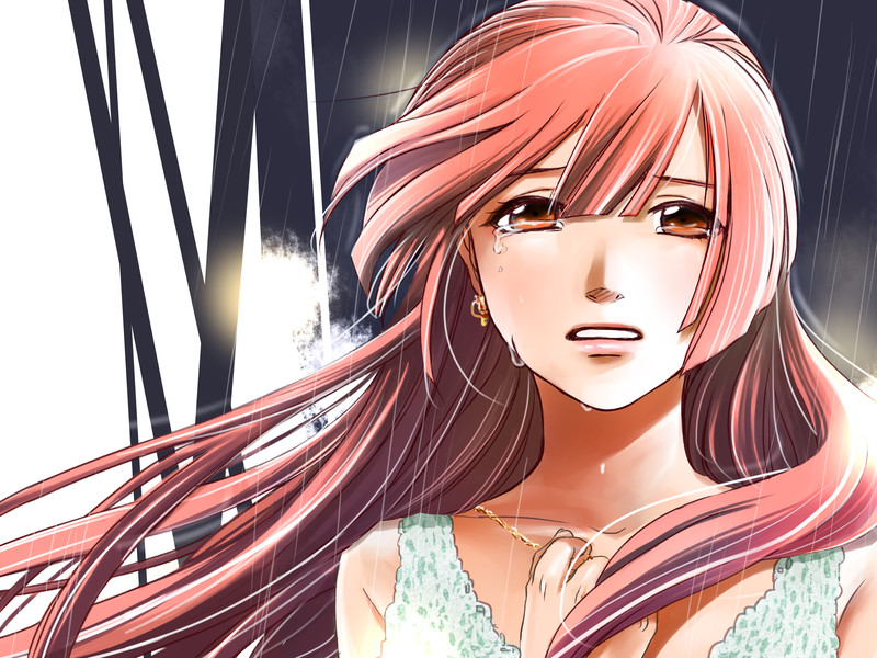 1girl brown_eyes crying eyelashes female_focus hair_down half-closed_eyes jewelry long_hair necklace nekomura_iroha pink_hair portrait rain solo tears toyu vocaloid