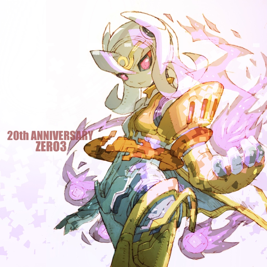 anniversary black_sclera colored_sclera cowboy_shot cubit_foxtar_(mega_man) fire glowing glowing_eyes long_hair male_focus medium_hair mega_man_(series) mega_man_zero_(series) mega_man_zero_3 nakayama_tooru purple_fire red_eyes robot solo white_background white_hair