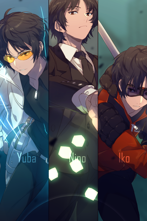 1boy arm_up belt black_gloves black_hair black_jacket black_necktie black_pants black_vest character_name column_lineup cosplay cowboy_shot cube echo_(circa) electricity fighting_stance formal_clothes frown glasses gloves glowing goggles gun handgun holster holstered ikoma_tatsuhito ikoma_tatsuhito_(cosplay) jacket karasuma_kyousuke long_sleeves looking_at_viewer male_focus multiple_views necktie ninomiya_masataka ninomiya_masataka_(cosplay) pants ready_to_draw red_jacket short_hair suit sword tinted_eyewear vest weapon white_jacket world_trigger yellow-tinted_eyewear yuba_takuma yuba_takuma_(cosplay) zipper
