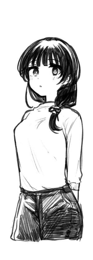 1girl arms_behind_back asumi-chan_wa_rezu_fuuzoku_ni_kyoumi_ga_arimasu! breasts commentary_request cropped_legs from_side greyscale hair_ornament hair_scrunchie itsuki_kuro large_breasts light_blush long_hair looking_at_viewer looking_down low_ponytail monochrome official_art ookura_nanao parted_lips ponytail scrunchie sketch solo sweater_tucked_in white_background