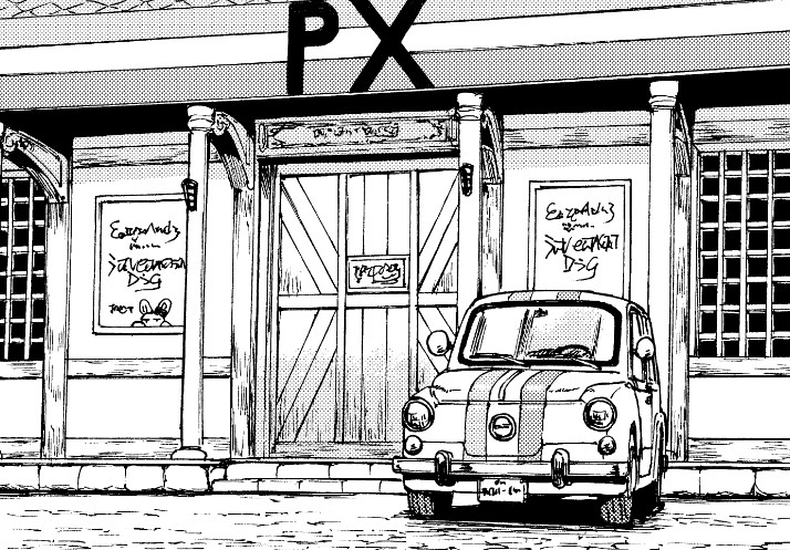 arch brick building car colonnade column commentary_request door gate_-_jieitai_ka_no_chi_nite_kaku_tatakaeri greyscale monochrome motor_vehicle muntins no_humans pavement pillar poster_(object) sao_satoru screentones sign slice_of_life storefront window zastava_automobiles