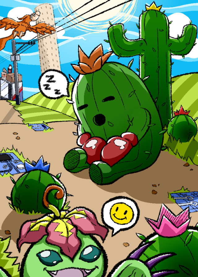 birdramon boxing_gloves cactus digimon digimon_(creature) flower monster_girl palmon petals plant plant_girl sharp_teeth spines teeth togemon