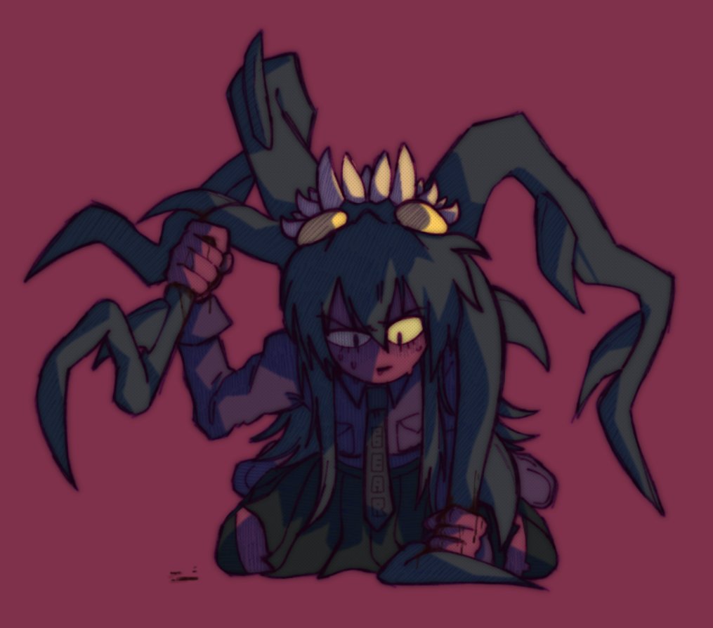1girl artist_name bad_id bad_twitter_id blood breast_pocket collared_shirt dark-skinned_female dark_skin female_focus fukua_(skullgirls) full_body furrowed_brow green_hair green_skirt green_thighhighs grey_shirt holding holding_own_hair inactive_account kneeling long_hair looking_down messy_hair nicobear no_nose pocket red_background scratches shamone_(skullgirls) sharp_teeth shirt sitting skirt skullgirls sweat teeth thighhighs wariza yellow_eyes