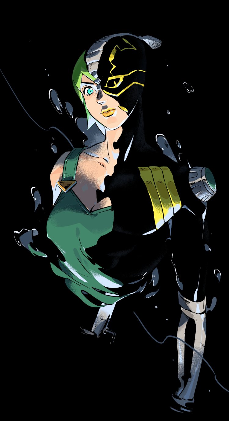 1girl 1other blue_eyes breasts bubble cleavage dual_persona foo_fighters_(jojo) foo_fighters_(stand) green_hair green_overalls hakmonss highres jojo_no_kimyou_na_bouken medium_breasts overalls short_hair solo stand_(jojo) standing stone_ocean underwater upper_body yellow_lips
