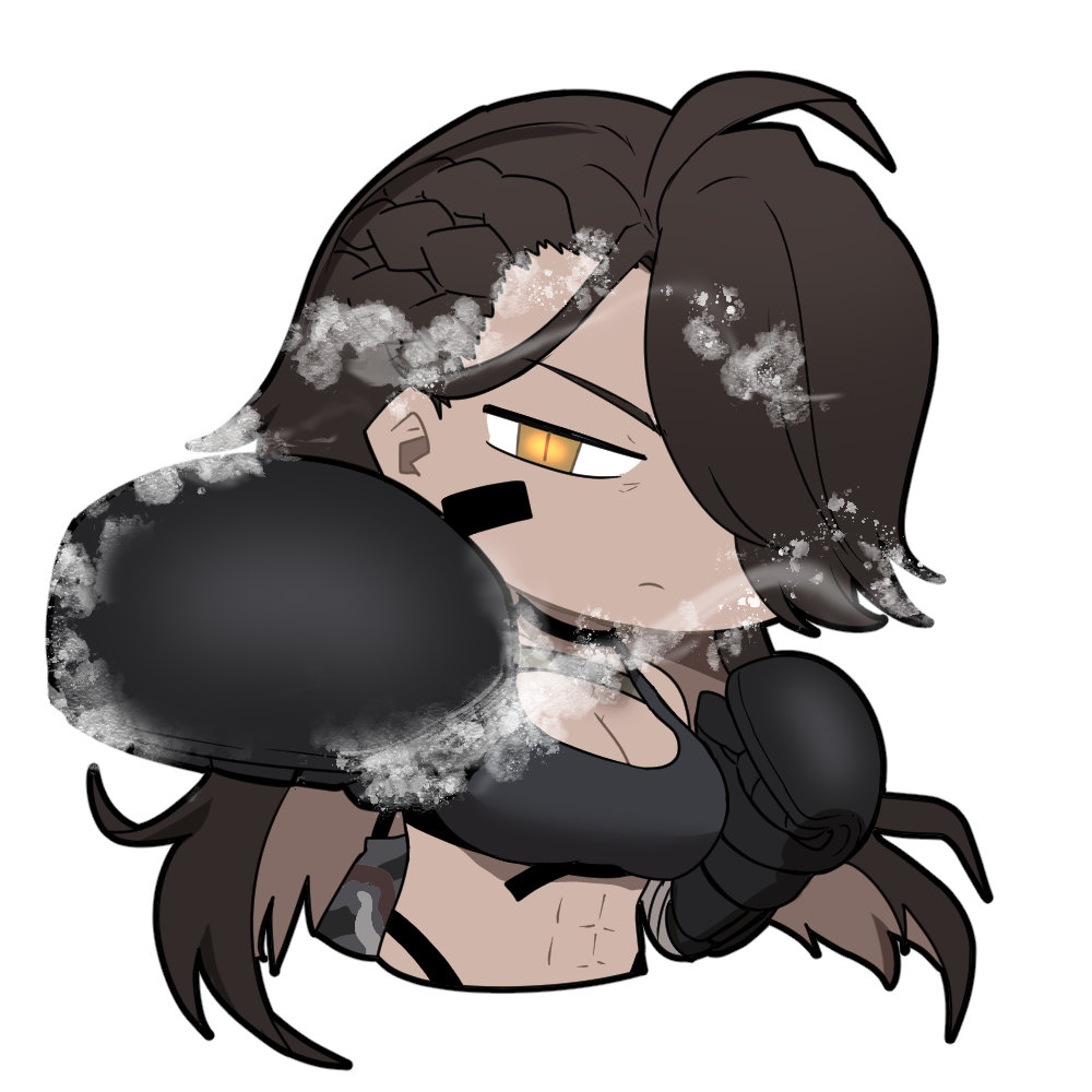 1girl abs artist_request black_sports_bra boxing_gloves brown_hair chibi chibi_only chinese_commentary dark-skinned_female dark_skin frown girls&#039;_frontline girls&#039;_frontline_neural_cloud hair_over_one_eye incoming_attack incoming_punch long_hair looking_at_viewer magnhilda_(neural_cloud) muscular muscular_female official_art punching second-party_source sports_bra yellow_eyes