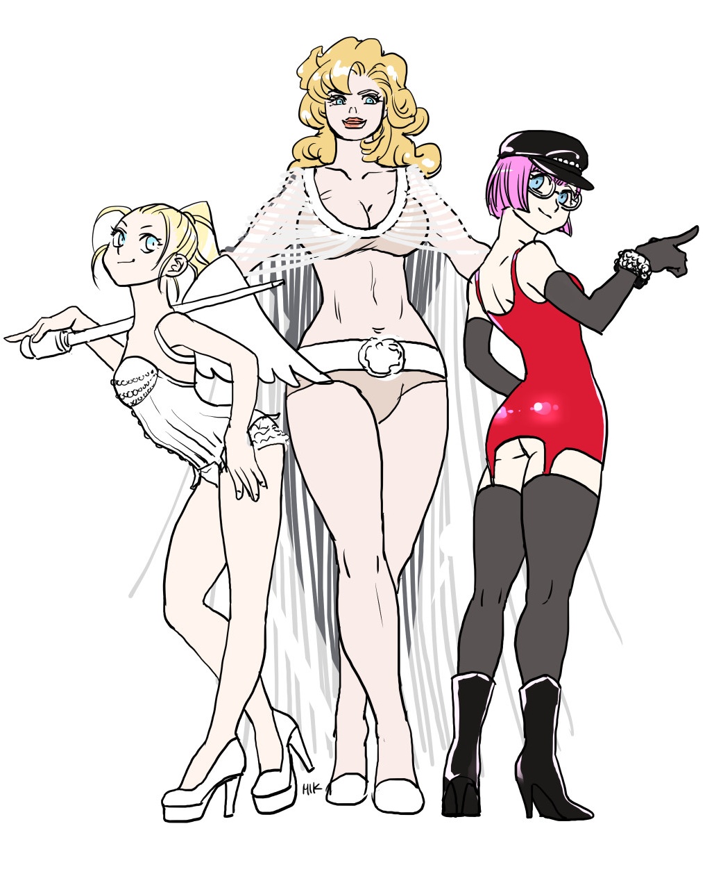 3girls ass ayla_(chrono_trigger) black_thighhighs blonde_hair blue_eyes breasts chrono_trigger cleavage closed_mouth cosplay curly_hair elbow_gloves fake_wings full_body glasses gloves hat high_heels highres lips long_hair looking_at_viewer lucca_ashtear marle_(chrono_trigger) medium_breasts mik_mikako multiple_girls ponytail purple_hair short_hair simple_background smile thighhighs white_background wings