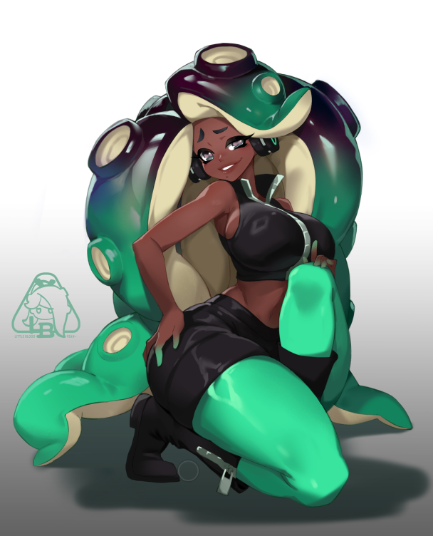 1girl aqua_hair aqua_pantyhose black_boots black_hair black_shirt black_shorts blue_eyes boots breasts cephalopod_eyes colored_extremities dark-skinned_female dark_skin gradient_background gradient_hair grey_background grin hand_on_own_hip hand_on_own_knee headphones large_breasts little_blood long_hair looking_at_viewer marina_(splatoon) midriff mole mole_under_mouth multicolored_hair nintendo octoling octopus_girl on_one_knee pantyhose shirt shorts sleeveless sleeveless_shirt smile solo splatoon_(series) splatoon_2 suction_cups symbol-shaped_pupils teeth tentacle_hair two-tone_hair zipper