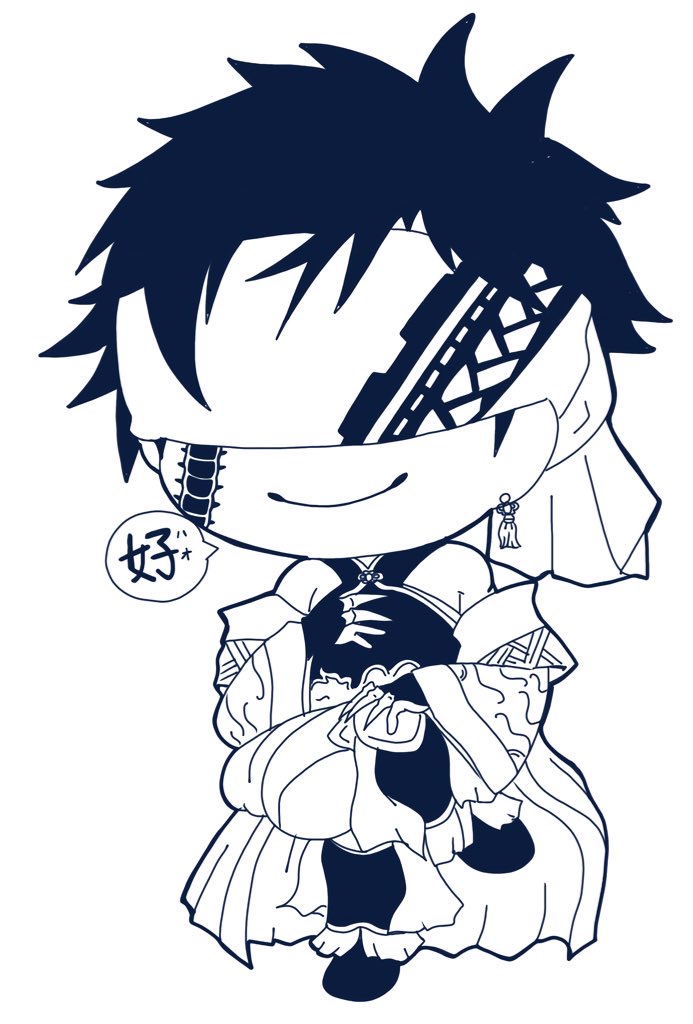 1boy armor bare_shoulders blindfold centipede_tattoo cheek_tattoo chinese_clothes derutta earrings facial_tattoo gloves in_air japanese_text jewelry lineart male_focus midair nail_armor off-shoulder_jacket off_shoulder pants partially_fingerless_gloves qin_shi_huang_(shuumatsu_no_valkyrie) robe short_hair shuumatsu_no_valkyrie single_earring sitting smile solo speech_bubble tassel tassel_earrings tattoo
