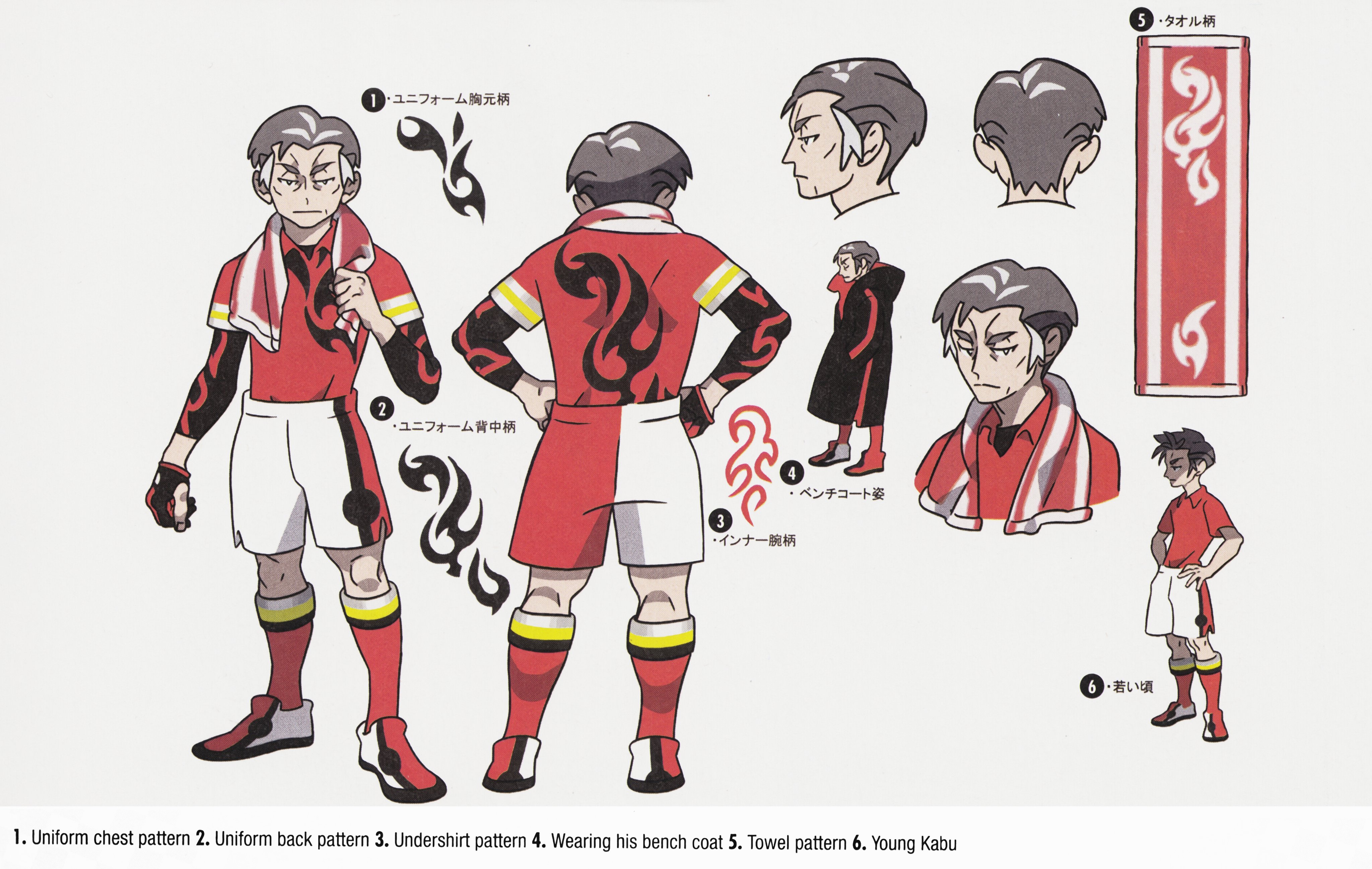 1boy absurdres alternate_language coat collared_shirt concept_art english_text gloves grey_hair hands_in_pockets hands_on_own_hips highres kabu_(pokemon) knees male_focus mixed-language_text multicolored_hair multiple_views nintendo official_art pokemon pokemon_swsh red_shirt scan shirt shoes short_sleeves shorts single_glove socks streaked_hair third-party_source towel towel_around_neck two-tone_hair