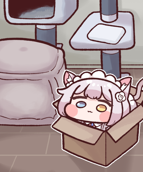1girl animal_ear_fluff animal_ears blue_eyes blush_stickers box bulga cardboard_box cat_ears cat_girl cat_house cat_tail chibi heterochromia last_origin maid maid_headdress perrault_(last_origin) solo tail tile_floor tiles unconventional_maid white_hair yellow_eyes