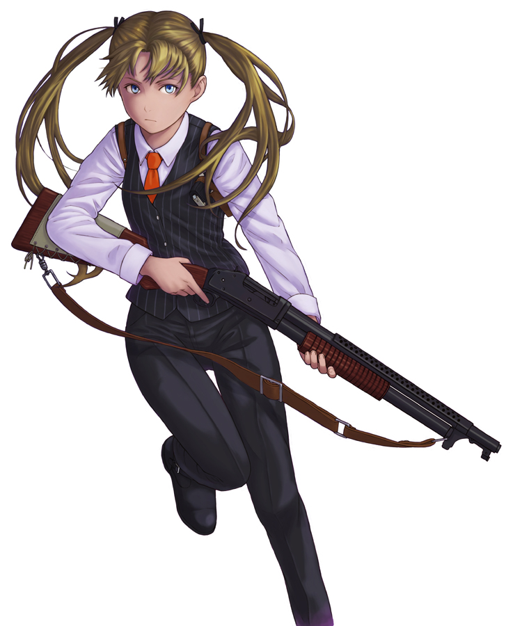 00s 1girl blonde_hair blue_eyes crossdraw_holster dark-skinned_female dark_skin female_focus gun gunslinger_girl handgun holster looking_at_viewer necktie pants pump_action shotgun shoulder_holster simple_background solo triela trigger_discipline twintails vest waistcoat weapon winchester_model_1897 yorimitsu
