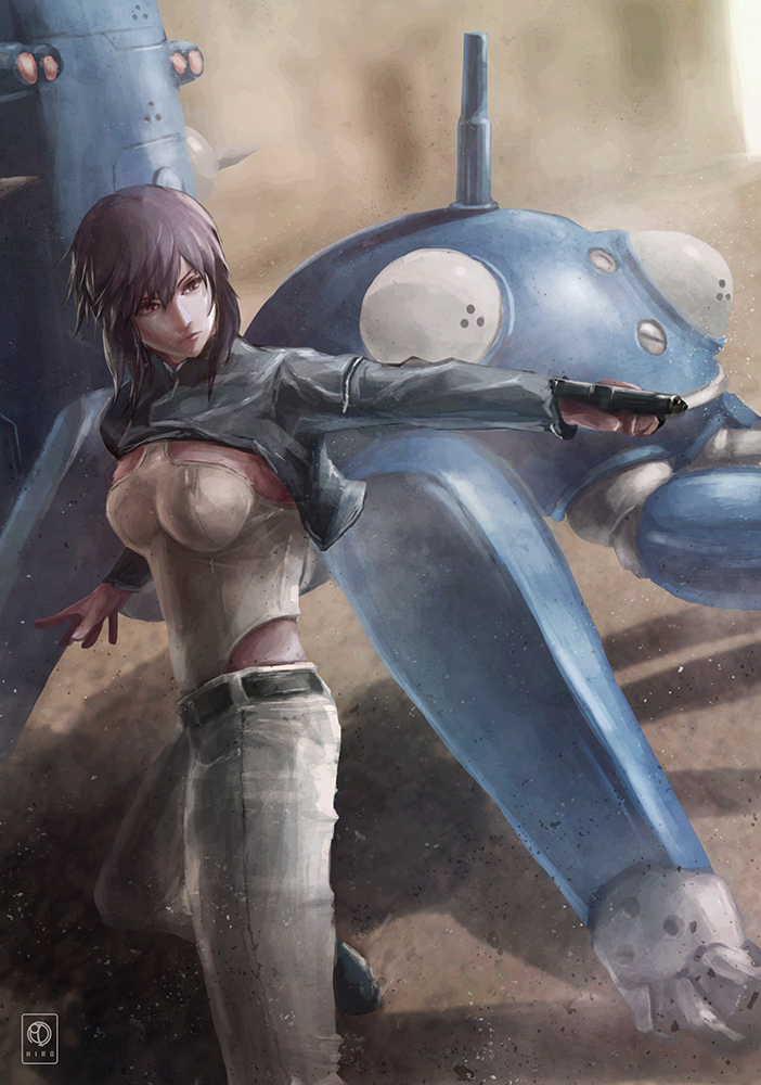 aiming black_jacket from_side ghost_in_the_shell gun handgun hiro_(strain320) jacket kusanagi_motoko leotard looking_to_the_side non-humanoid_robot pointing pointing_to_the_side purple_eyes purple_hair robot shadow solo sunlight tachikoma weapon