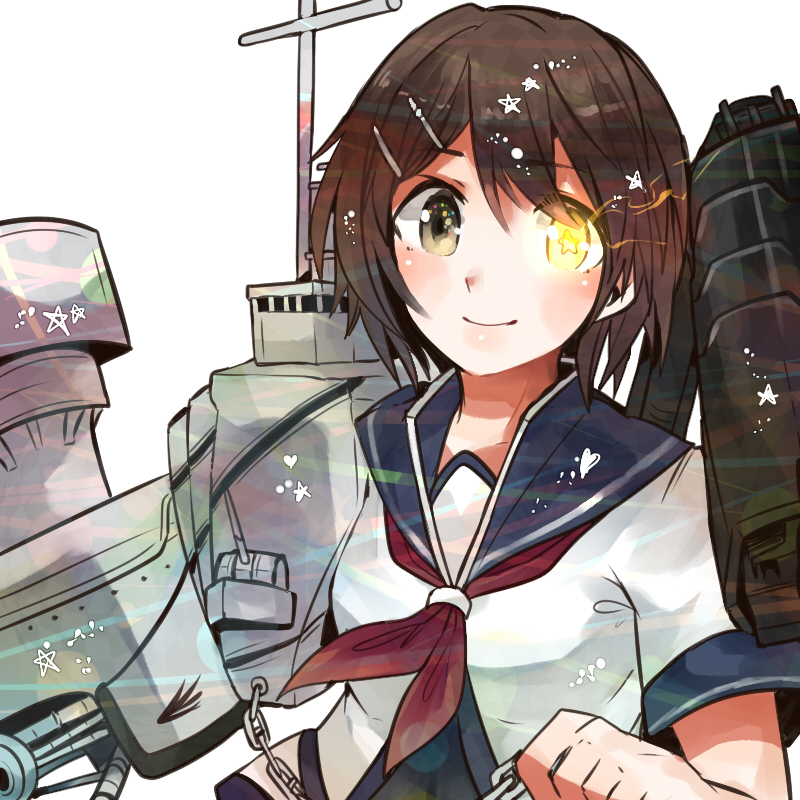 1girl brown_hair cannon furutaka_(kancolle) itomugi-kun kantai_collection machinery neckerchief school_uniform serafuku ship_turret short_hair skirt smile yellow_eyes