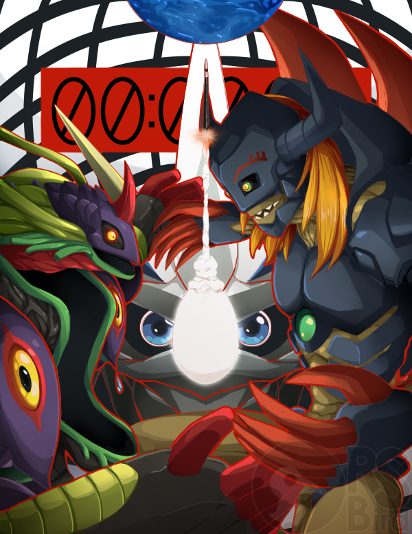 algomon algomon_ultimate blonde_hair blue_eyes claws diablomon digimon digitama egg horns omegamon