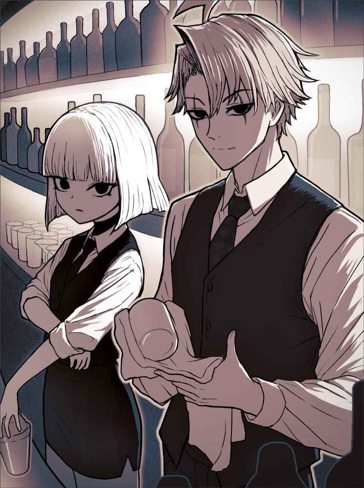 1boy 1girl bar_(place) bartender bottle cocktail_shaker cup drinking_glass facial_mark fate/grand_order fate_(series) james_moriarty_(ruler)_(fate) lightning_ahoge monochrome necktie sen_no_rikyu_(fate) sleeves_rolled_up ttmt vest