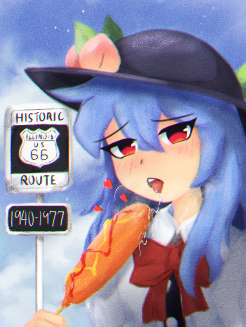 1girl black_hat blue_hair blue_sky blush bow bowtie cloud cloudy_sky corn_dog derivative_work eating food food-themed_hair_ornament fruit fruit_hat_ornament hair_ornament hat hat_ornament heart hinanawi_tenshi ketchup lad_der leaf leaf_hat_ornament looking_at_viewer meme mustard open_mouth peach peach_hair_ornament peach_hat_ornament red_bow red_eyes route_66 saliva saliva_trail sexually_suggestive sign sky solo_focus tongue tongue_out touhou