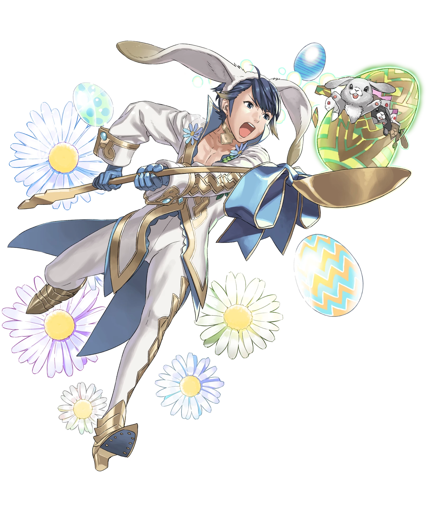 1boy alfonse_(fire_emblem) alfonse_(spring_prince)_(fire_emblem) animal_ears blue_eyes blue_gloves blue_hair collarbone cracked_egg cracked_shell daffodil daisy_(flower) easter easter_egg egg fake_animal_ears fire_emblem fire_emblem_heroes flower full_body gloves glowing hairband highres holding kozaki_yuusuke leg_up male_focus multicolored_hair nintendo official_alternate_costume pectorals rabbit rabbit_ears see-through_clothes solo spoon streaked_hair transparent_background